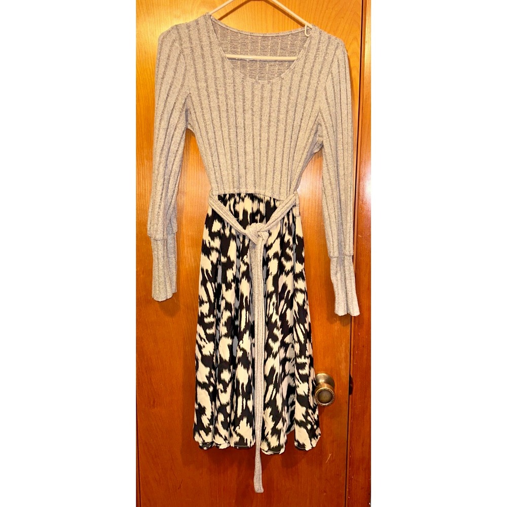 Cupshe Belted Cream Black Abstract Print‎ Long Sleeve Midi Dress Medium